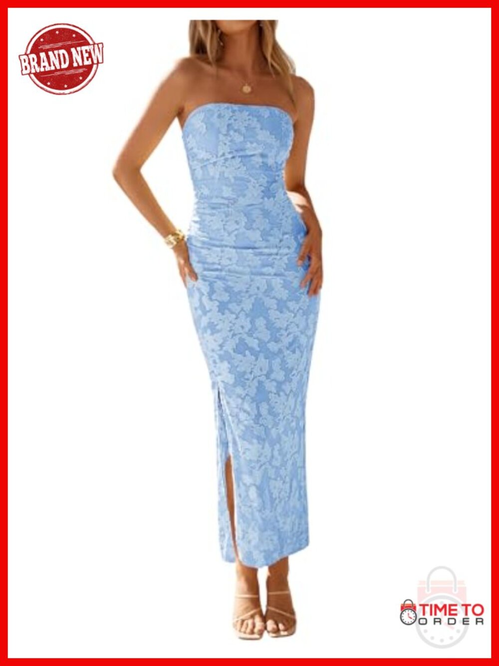 Womens Strapless Floral Bodycon Maxi Dress Side Slit Formal Cocktail Party